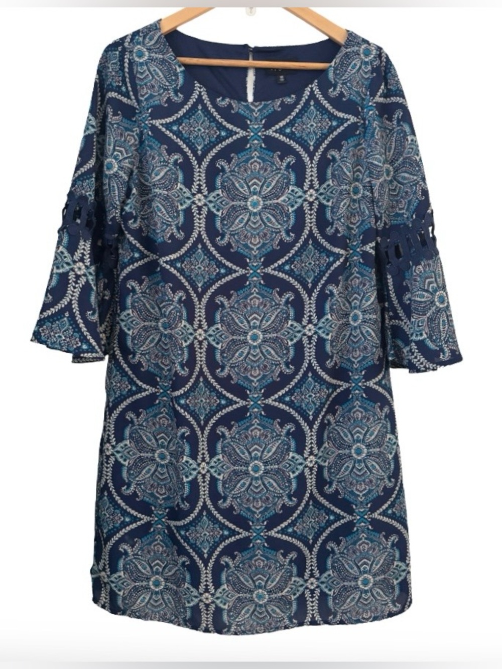 AUW nvy paisley prnt lined shift drss w bell slvs & crochet inserts SZ 10 office